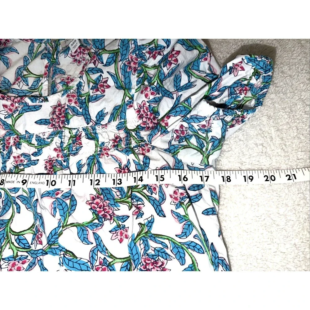 J. Crew Womens Top Blouse XXS Short Sleeve Floral Puff Sleeve Blue Pink